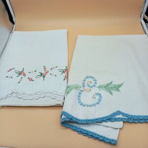 Vintage Embroidered Pillowcases Mismatched Pair Rosebuds "E" Monogram READ